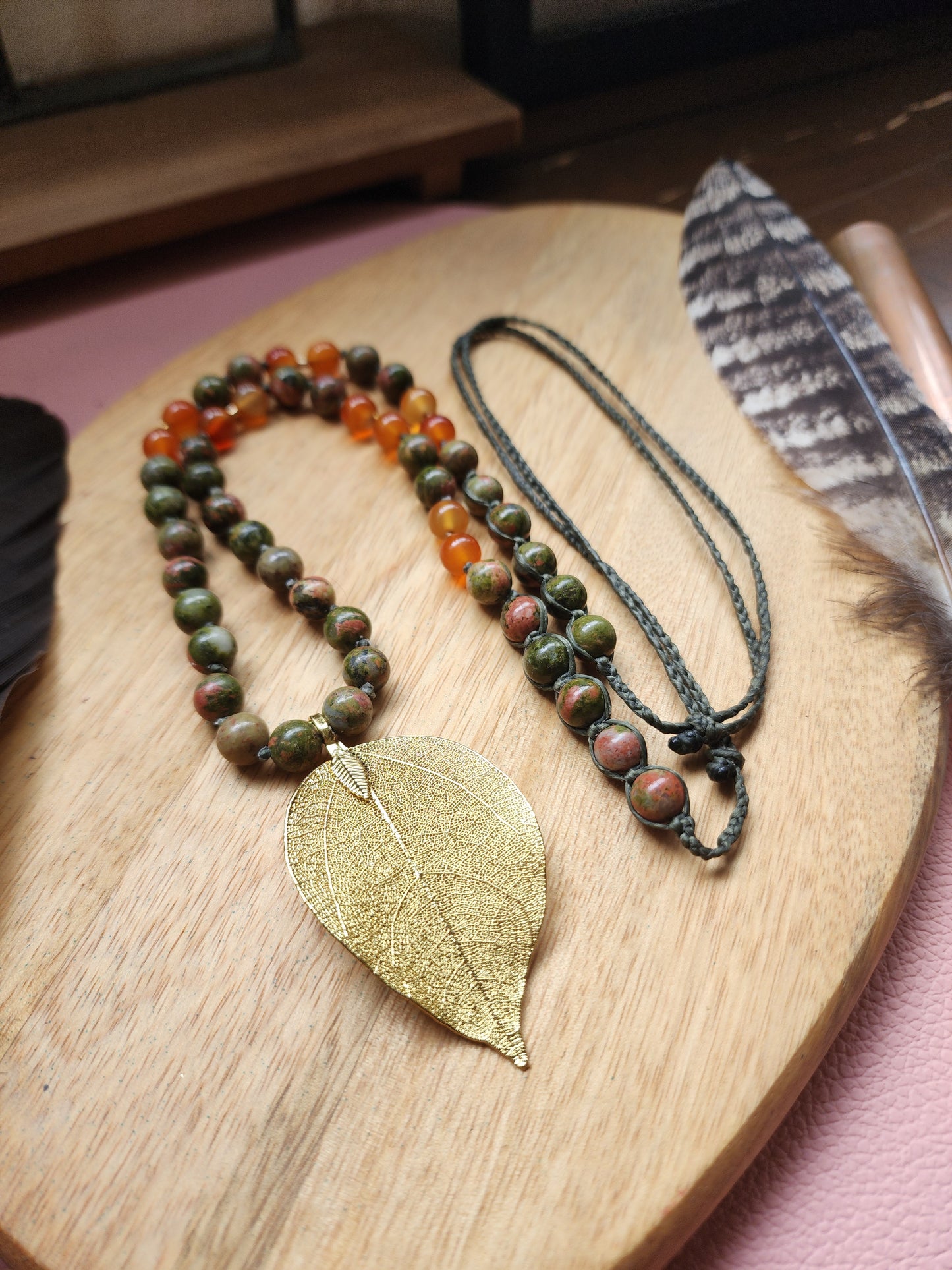 Unakite gold leaf necklace