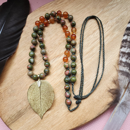 Unakite gold leaf necklace