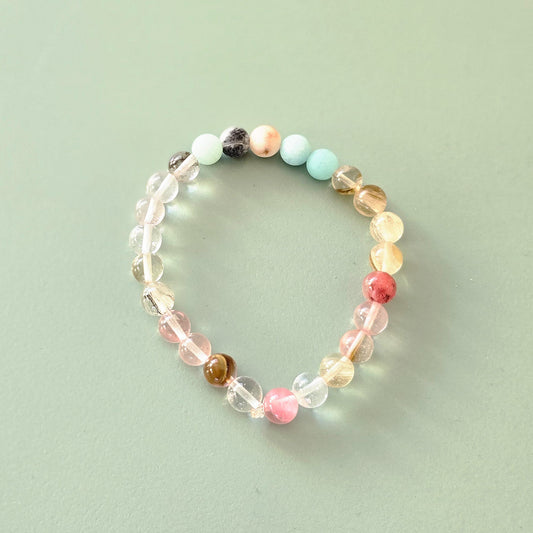 Affirmation bracelet - watermelon skin quartz, frosted natural amazonite